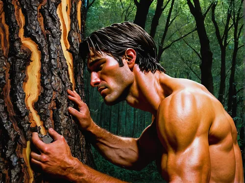 A woodcutter weeping over his beloved fallen nymph after he cut down the tree that held her soul,nature and man,tarzan,woodsman,forest man,arborist,male model,farmer in the woods,american chestnut,tri