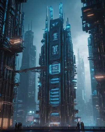 Futuristic data architecture, sleek metal structure, neon blue lights, intricate circuits, holographic displays, towering skyscraper, cityscape at dusk, misty atmosphere, dramatic lighting, low-angle 