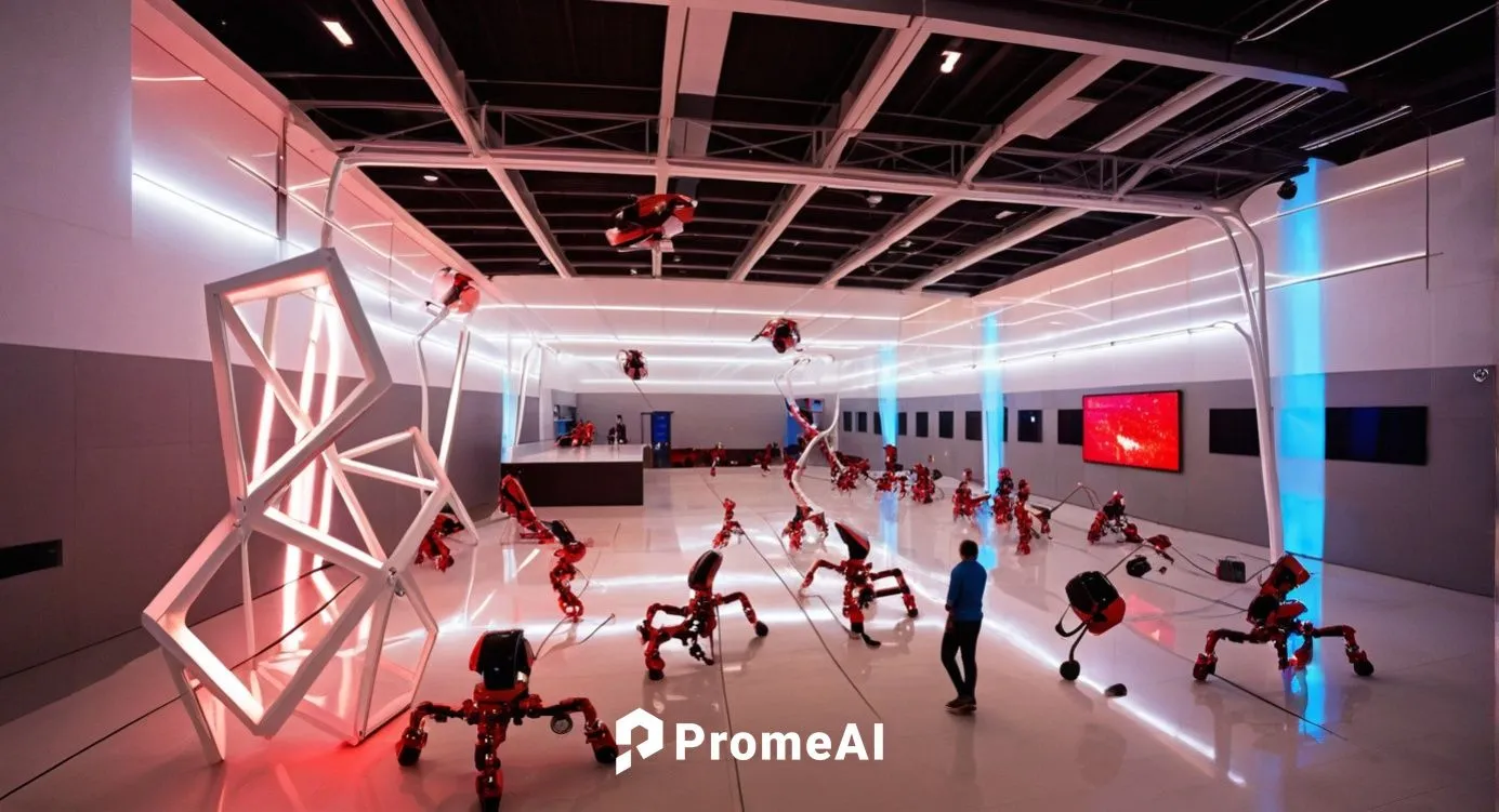 In a vast space, the bright red arena is filled with ominous spectators. The spheres are glowing, and circuits are stacked with wires spinning in the air beneath their feet. A pair of robotic athletes