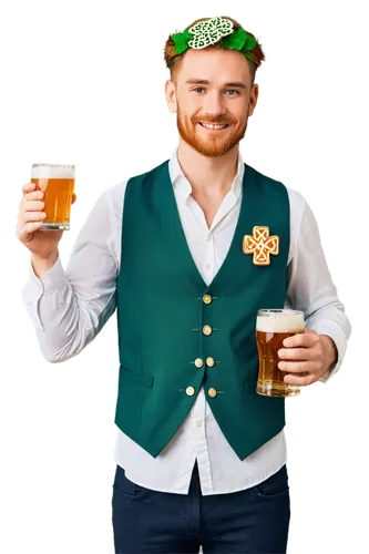 Shamrock, green clover, lucky charm, golden horseshoe, Irish heritage, solo, festive outfit, white shirt, green vest, orange hair, beard, Celtic cross necklace, holding beer mug, cheerful expression, 