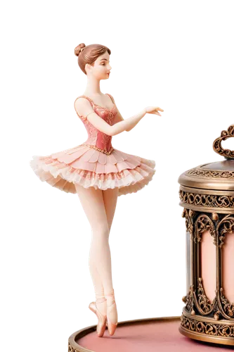 Antique music box, delicate ballerina figurine, ornate golden details, intricate engravings, soft pink glow, lace wrapped edges, velvet covered lid, slow opening mechanism, gentle spinning ballet danc