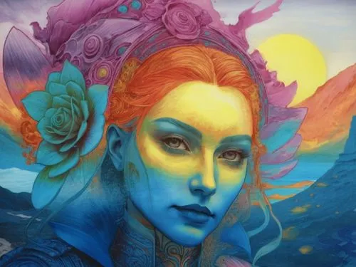 a woman with blue face and flower hair and veil,amphitrite,fathom,nereid,sirene,bodypainting,fantasy art,Illustration,Realistic Fantasy,Realistic Fantasy 25