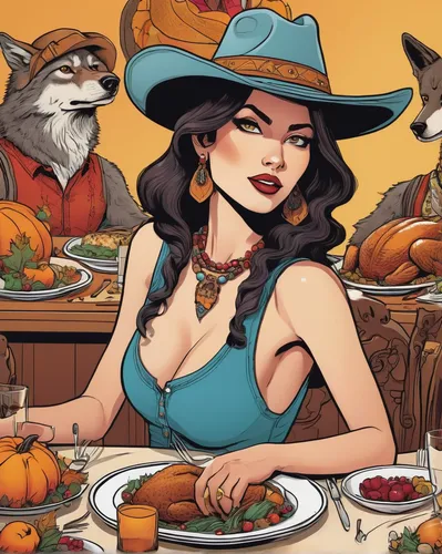 A feminine rabid wolf deputy, wearing a low-neckline tank top and a cowboy hat, decorates a Thanksgiving table with artistic flair, captured in a whimsical and colorful comic strip,thanksgiving backgr