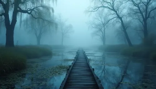 foggy landscape,swamps,bayou,foggy forest,swamp,wooden bridge,autumn fog,flooded pathway,swampy landscape,hanging bridge,backwater,fog,dense fog,the fog,the mystical path,foggy day,ground fog,haunted forest,hangman's bridge,foggy,Photography,General,Realistic