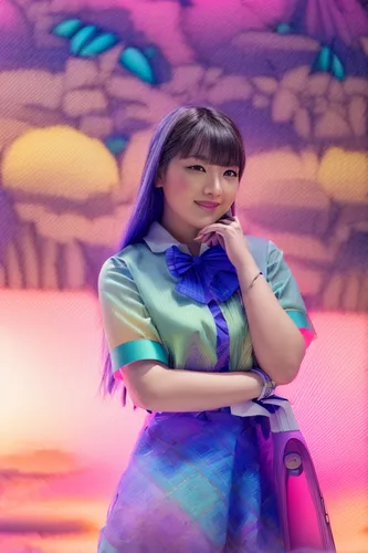 kaew chao chom,social,japanese idol,vietnamese woman,blue hawaii,majorelle blue,waitress,south pacific,colorful background,purple background,attraction theme,salesgirl,agnes,siu mei,candy island girl,rainbow background,mulan,japanese sakura background,miss vietnam,japanese woman