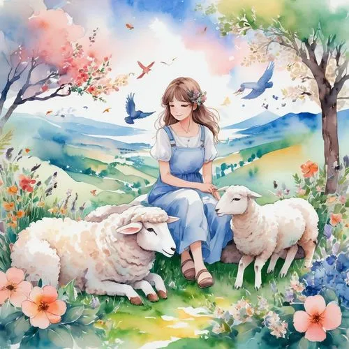 aerith,springtime background,shepherd,the good shepherd,good shepherd,meadow in pastel,lambs,the sheep,shepherds,counting sheep,watercolor background,sheep,shepherdesses,spring background,shepherdess,kokia,sheep portrait,printemps,sylvania,sleepy sheep,Illustration,Paper based,Paper Based 25