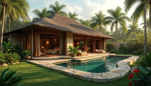 holiday villa,pool house,tropical house,cabana,3d rendering,bungalows,seminyak,bali,resort,tropical island,polynesian,render,palapa,palm garden,bungalow,cabanas,palmilla,javanese traditional house,idyllic,summer cottage,Photography,General,Realistic