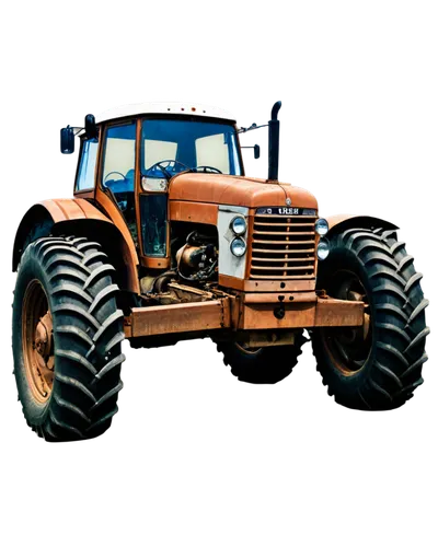 Agricultural tractor, vintage style, rusty metal body, old-fashioned headlights, curved front grille, massive wheels with thick tires, detailed engine, chrome exhaust pipe, worn-out seat, dirty windsh