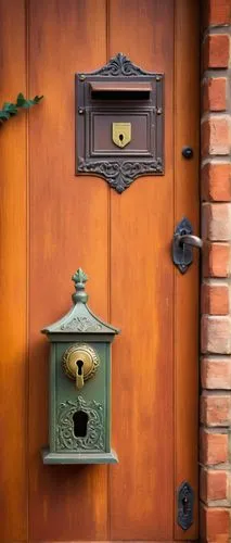 Rustic, vintage mailbox, ornate details, old-fashioned keyhole, shiny new replacement key, wooden door, brick wall, European-style villa, suburban residential area, afternoon sunlight, soft shadows, n