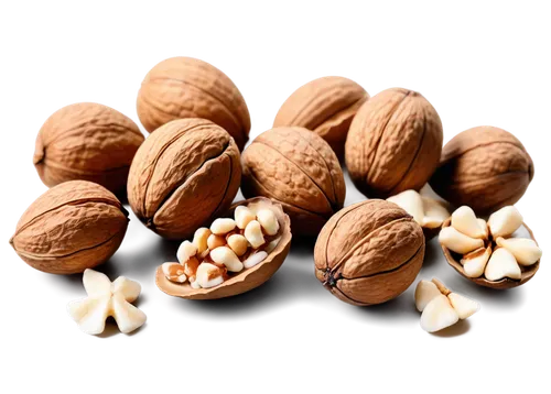 Walnut nuts, scattered, brown shell, creamy white interior, detailed texture, natural material, realistic rendering, shallow depth of field, warm color tone, soft lighting, 3/4 composition, close-up s