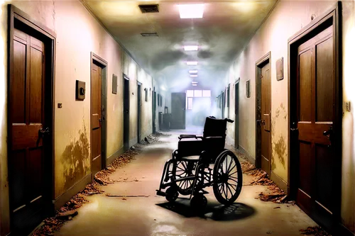 Creepy ambient atmosphere, abandoned asylum setting, dimly lit, eerie shadows, old wooden doors creaking, rusty medical equipment, broken wheelchairs, spooky hospital corridor, foggy mist, dark corner