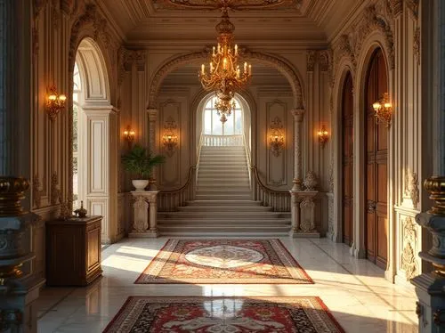 entrance hall,foyer,hallway,royal interior,enfilade,ritzau,entranceway,ornate room,corridor,cochere,europe palace,hallway space,palladianism,entryway,grandeur,lobby,marble palace,entranceways,the palace,neoclassical,Photography,General,Realistic