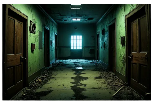 Spooky atmosphere, eerie darkness, abandoned asylum, creepy corridors, flickering fluorescent lights, old wooden doors creaking, rusty metal scraping, howling wind, thunderstorm outside, 3D audio, sur