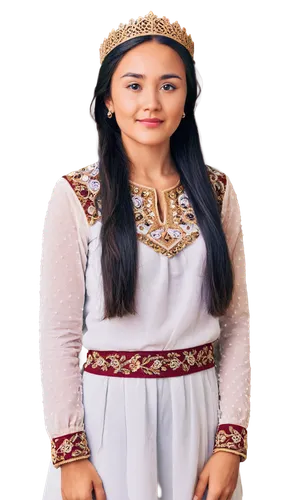 Beautiful Kazakh woman, Central Asian features, long black hair, braided crown, bright brown eyes, subtle freckles, gentle smile, traditional clothing, intricately embroidered blouse, flowing white sk