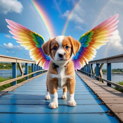 Ein süßes Hündchen (kann hier Hund einfügen), der Hund hat Engelsflügel, steht auf einer Brücke mit einem Regenbogen am Ende und macht sich bereit, zum Regenbogen in den Himmel zu gehen,dog angel,rain