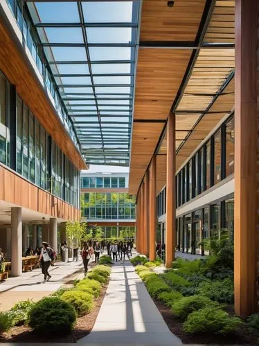 Modern university building, top-ranked architecture and design school, grandiose entrance with pillars, large glass windows, steel framework, contemporary design, lush greenery surrounding the campus,