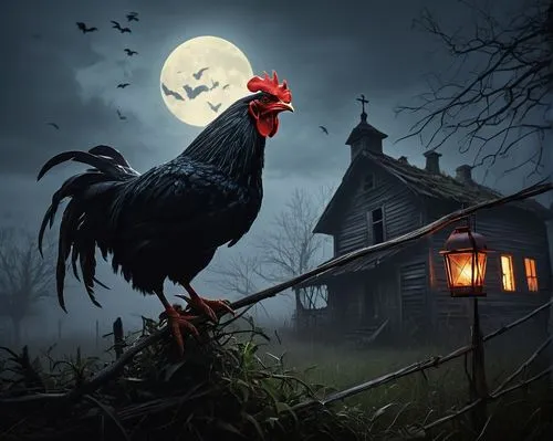 Evil chicken, laying eggs, dark feathers, glowing red eyes, sharp beak, spooky atmosphere, old abandoned farm, broken fences, overgrown with weeds, a single dim lantern hanging from a tree branch, mis