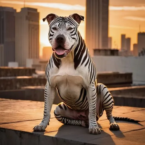 Zebras patterned pitbull, muscular body, strong legs, sharp claws, black nose, tongue out, sitting, urban rooftop, concrete floor, cityscape background, sunset time, warm orange lighting, dramatic sha