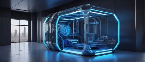 Futuristic 4D printing lab, sleek metal machines, glass windows, modern minimalist interior, multi-material shape changing process, dynamic architectural design, transforming structure, glowing blue l