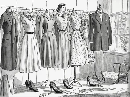 dress shop,dressmaker,women's clothing,vintage clothing,women's closet,women clothes,ladies clothes,garment racks,sewing silhouettes,vintage fashion,tailor,sewing room,knitting clothing,garments,mannequin silhouettes,clothing,men clothes,bridal clothing,dry cleaning,laundry shop,Illustration,Black and White,Black and White 29