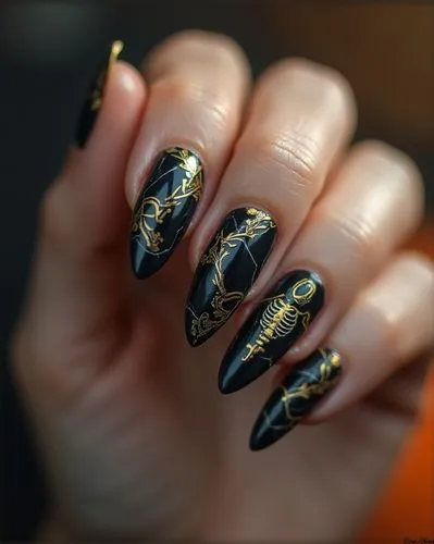 Nils Design, hallowen nails,
manicures, Skeleton

















,a person with long, black nails and gold decorations,black and gold,gold lacquer,foil and gold,gold glitter,gold foil mermaid,gold le