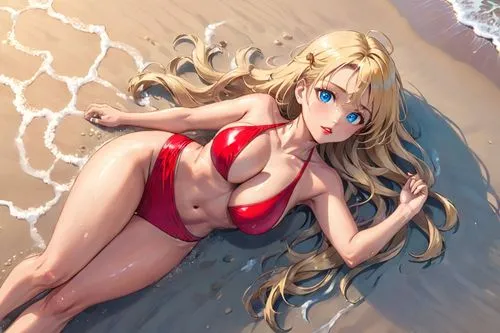 adult woman lying on sand. 
photographed from above.
sensual facial expressions.
on a beach, hot and moist weather. large breasts. red skimpy bikini,
long blonde wavy hair, blue eyes, red lips, tan sk