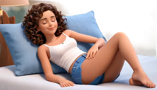 Sleeping Latina, curly brown hair, soft facial features, gentle smile, peaceful expression, relaxed posture, lying on side, exposed shoulder, white tank top, denim shorts, bare feet, toes curled, warm