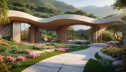 Naturalist architecture, grand villa, curved lines, rustic stone walls, wooden accents, lush greenery, overgrown vines, blooming flowers, tranquil atmosphere, soft morning light, misty surroundings, d