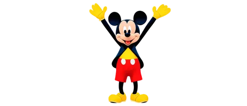 Mickey Mouse, cartoon character, iconic ears, red shorts, yellow shoes, cheerful expression, raised arms, standing pose, colorful background, soft focus, vibrant colors, 3/4 composition, shallow depth