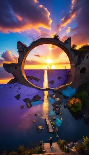 a person on a pier at sunset with a sunset in the background,rainbow bridge,bridge arch,dragon bridge,semi circle arch,natural arch,golden bridge,Photography,Artistic Photography,Artistic Photography 