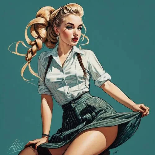 1950’s pinup illustration, young beautiful woman, long blonde hair in braids, freckles, seductive sheer clothing, naughty expression, wingtip makeup, bright eyes, chestnut mouth, ,retro pin up girl,pi