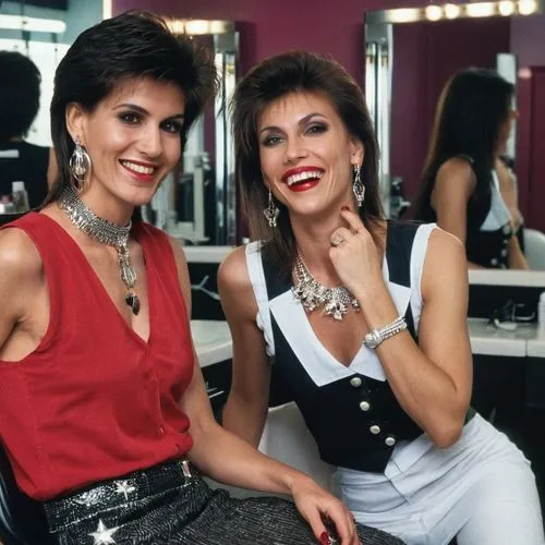 Close portrait. View of attractive rich very elegant laughing italian women with hairstyle 1980s style C C Catch,  looking straight into eyes, caressing bare upper arms, sitting in the chair and cross