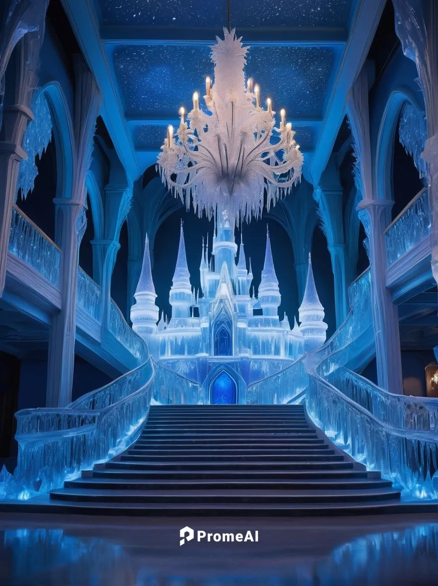 Elsa's ice palace, grand staircase, intricate ice sculptures, shimmering crystal chandeliers, frosty windows, snowflake patterns, Nordic-inspired architecture, frozen fractals, icy blue hues, regal th