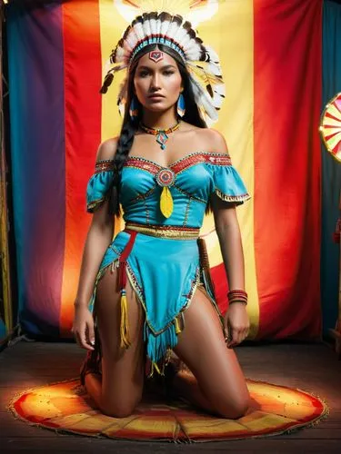 Beautiful, ultra-realistic coloured photo of the chief's daughter Pocahontas from a fairground show,a woman in native american costume posing for a po,guelaguetza,peruvian women,amerindian,american in