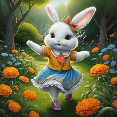 bunny on flower,cartoon rabbit,easter theme,cartoon bunny,bunni,easter background,Illustration,Abstract Fantasy,Abstract Fantasy 01