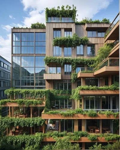 Building,Nordic Organic Modernism,Nordic Functionalism,Bauhaus,Sustainable Innovation, Greenary on roofs and balconies, wooden structure, transparent windows, wood and glass,this building features man