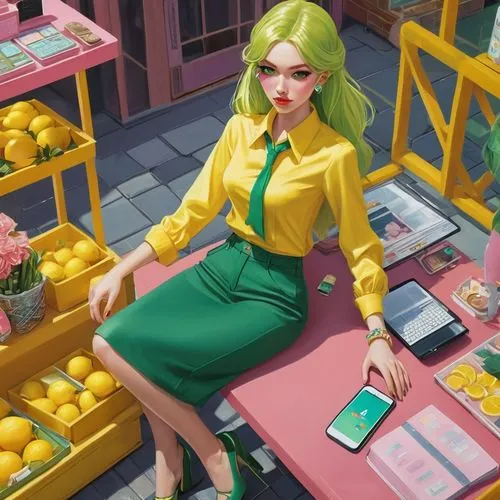 greengrocer,saionji,saleslady,salesgirl,businesswoman,business woman,business girl,saleswoman,proprietress,shopkeeper,businesswomen,green tangerine,flower shop,business women,woman shopping,canary,lemonheads,green apple,postmistress,greengrocers,Conceptual Art,Fantasy,Fantasy 20