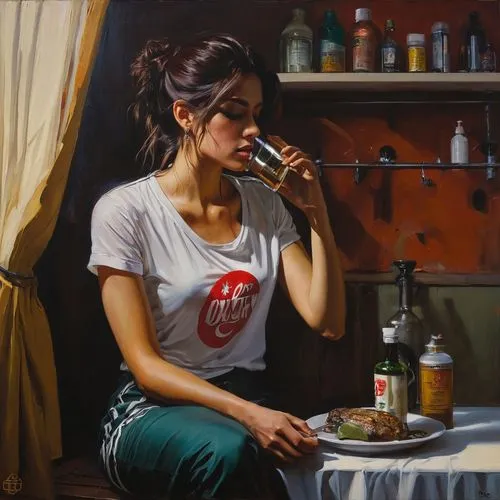 girl in the kitchen,woman drinking coffee,woman eating apple,woman at cafe,girl with bread-and-butter,oil painting,oil painting on canvas,italian painter,oil on canvas,meticulous painting,cigarette girl,woman with ice-cream,coca-cola,vietnamese woman,painting technique,oils,smoking girl,coca cola,painter,oil paint,Conceptual Art,Fantasy,Fantasy 15