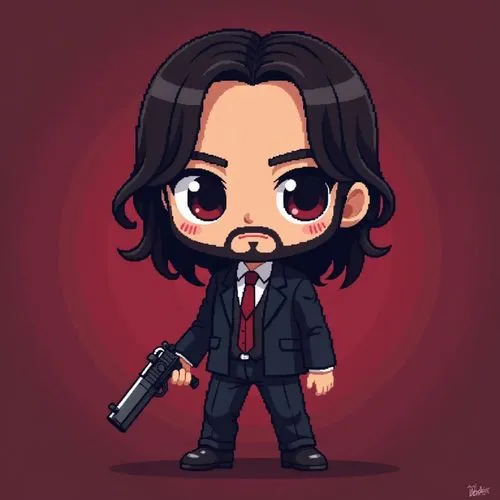 Chibi-style John Wick poster chibi, cute, exaggerated proportions large head, small body, simple facial features 
,the face of jack sparrow with a gun in his hand,keanu,macmanus,chibs,tony stark,comen