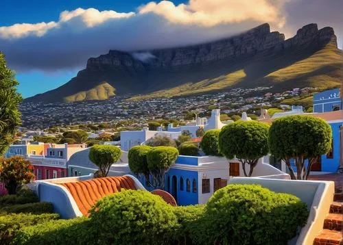 South Africa architecture, Cape Dutch style, ornate gables, rounded arches, vibrant colorful walls, wooden shutters, clay roof tiles, sprawling veranda, lush greenery, palm trees, bright blue sky, war