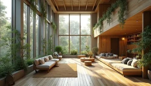 sunroom,amanresorts,living room,livingroom,modern living room,forest house,wooden windows,indoor,3d rendering,interior modern design,sitting room,conservatory,luxury home interior,renderings,wooden beams,indoors,snohetta,verandah,loft,modern room,Photography,General,Realistic