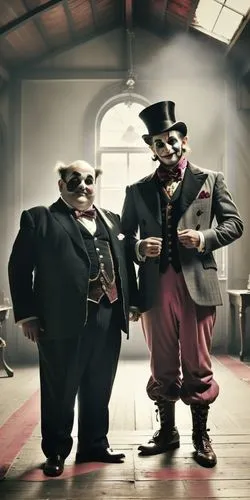 create two old circus characters posing for a photo facing each other, one is a human giant but very tall with gigantism, the other character is a dwarf, the two are next to each other making their co