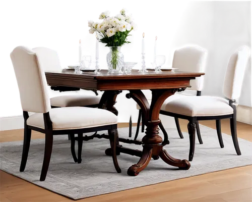 dining table, luxurious, wooden, rectangular shape, polished surface, ornate legs, carved edges, soft cushions, elegant chairs, centerpiece vase, white flowers, candles, crystal chandelier, afternoon 