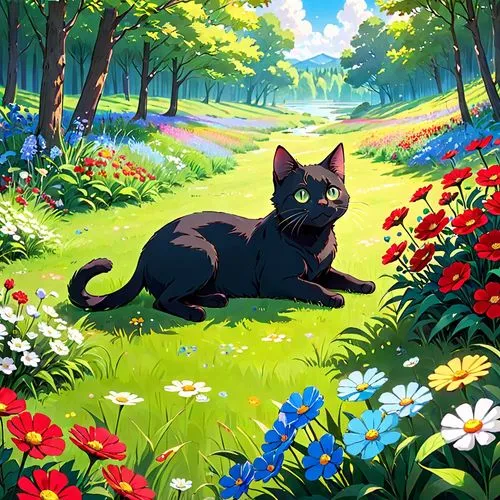 rousseau,flower cat,springtime background,felino,primavera,spring background,Anime,Anime,Traditional