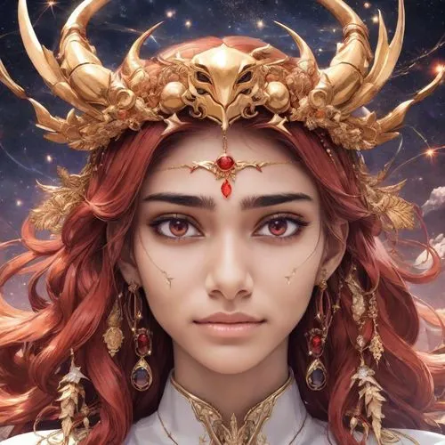 the girl in the art work has horns and gold,zodiac sign libra,niobe,fantasy portrait,amidala,mervat,circlet