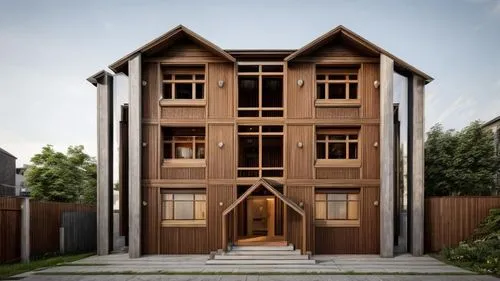 the side columns are made of concrete, the facade of the building is lined with dark wooden slats, the windows have thin and black frames, a single roof,timber house,wooden house,wooden facade,arkitek