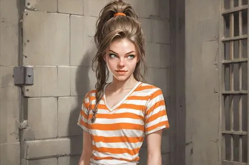 prisoner,prison,detention,girl in a historic way,isolated t-shirt,portrait background,girl in t-shirt,david bates,theft,orange robes,handcuffed,criminal,olallieberry,young woman,arbitrary confinement,in custody,girl in a long,offenses,the long-hair cutter,rockabella,Digital Art,Comic