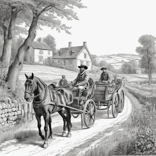 stagecoaches,stagecoach,wagonway,straw carts,jaunting,old wagon train,Illustration,Black and White,Black and White 27