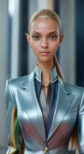 elf woman face model, suit,, angular cheekbones,  Strong and angular mandibule, smile, tall blonde elf  female, long neck  , suit, pointy ears, 3 meters tall, very tall,concept of elf woman in beige s