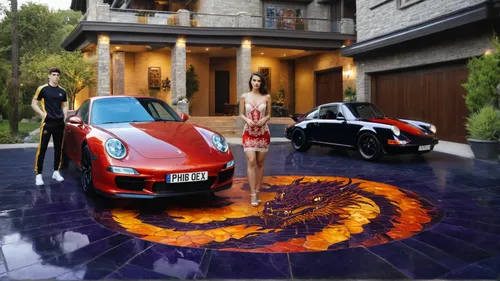 white beautiful woman in a red Holter neck dress made of  delicate lace with lovey embroidery gold stitching around the seams ,automotive cleaning,3d rendering,underground garage,driveway,luxury cars,